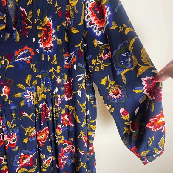 Old Navy Womens XL Navy Blue Floral Long Sleeve Boho Pleated Tunic Blouse - Picture 5 of 8